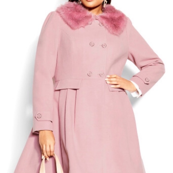 City Chic Blush Pink Coat with Faux Fur Trim - Picture 9 of 11